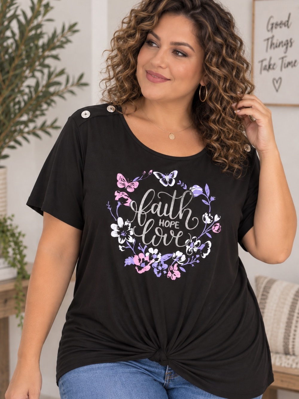 Faith Hope Love Knot-Front Short Sleeve Tee - Black